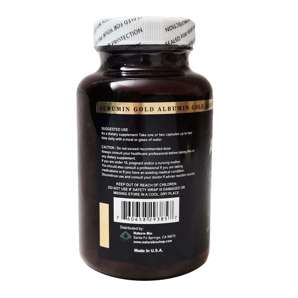 Nature-Bio Premium Albumin Gold 5000 label detail indicating purity and wellness potential.