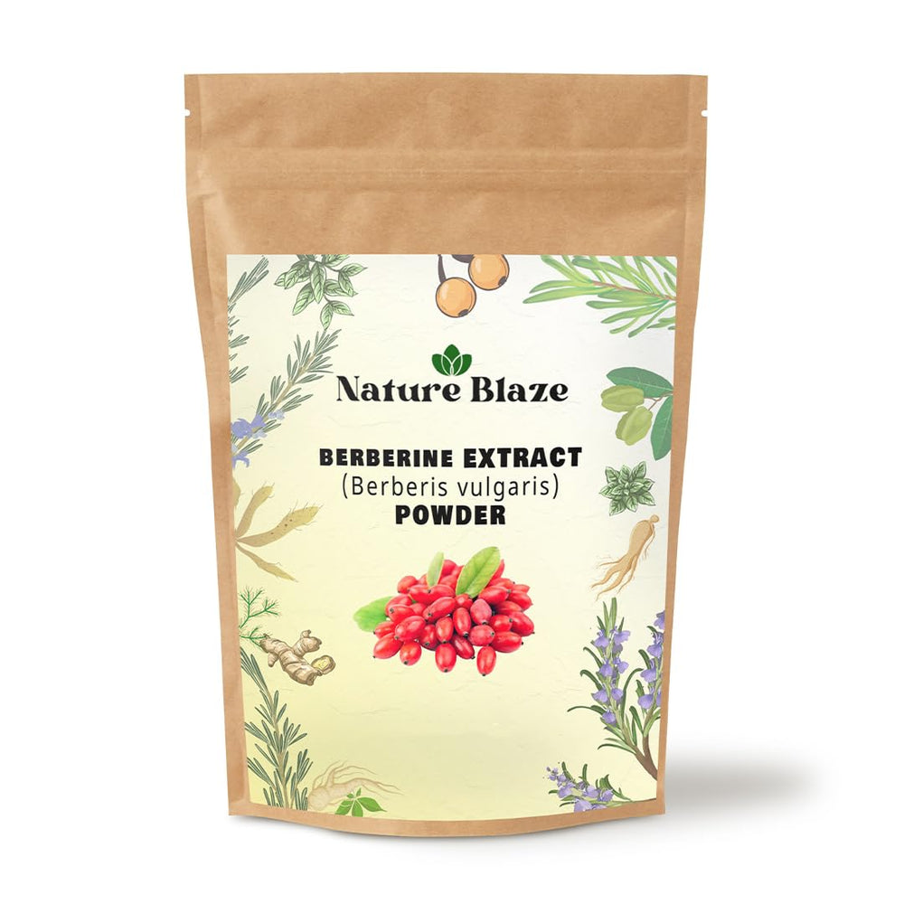 Nature Blaze berberine powder jar closeup highlighting pure botanicals and quality