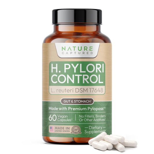 Nature Captured H Pylori Control capsules bottle view showing targeted gut balance potential