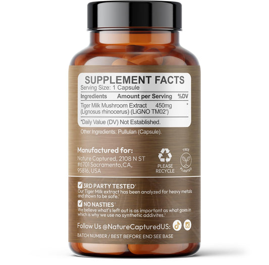 Nature Captured LiGNO TM02 capsules close-up highlighting vegan, additive-free formula.