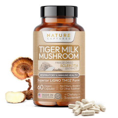 Nature Captured Tiger Milk Mushroom bottle with LiGNO TM02 capsules for respiration support.
