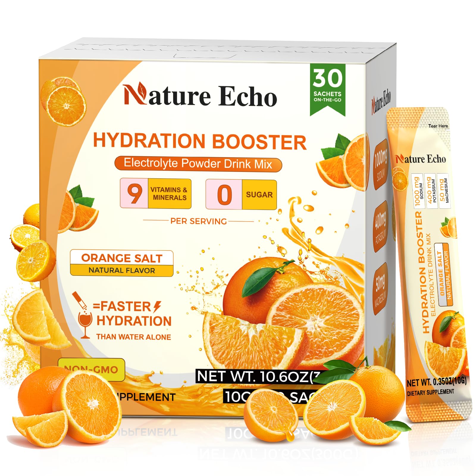 Nature Echo electrolyte packets packaging ready for quick hydration.