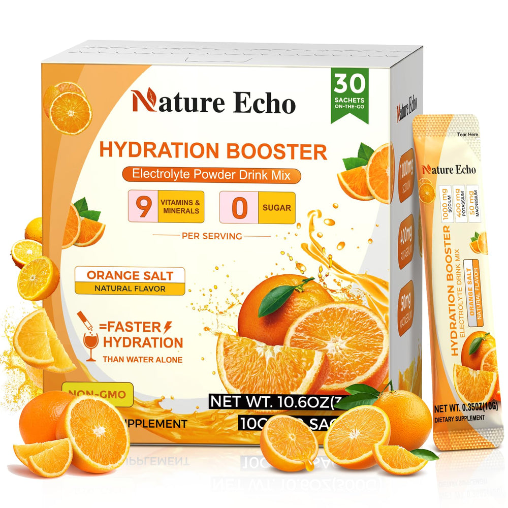 Nature Echo electrolyte packets packaging ready for quick hydration.
