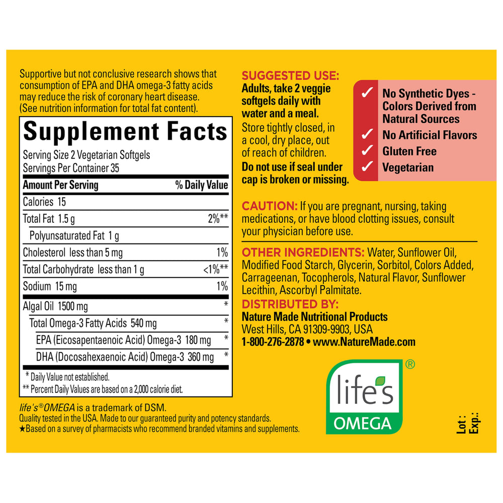 Nature Made Algae Omega-3 540 mg easy daily use image with two softgels and water