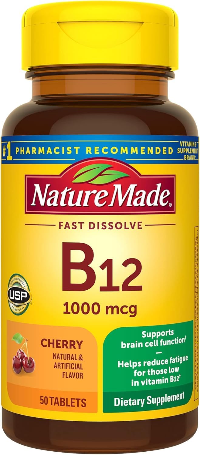 Nature Made Vitamin B-12 1000 mcg sublingual lozenges bottle supports energy metabolism.