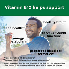 Nature Made Vitamin B-12 lozenge dissolving under the tongue for quick absorption.