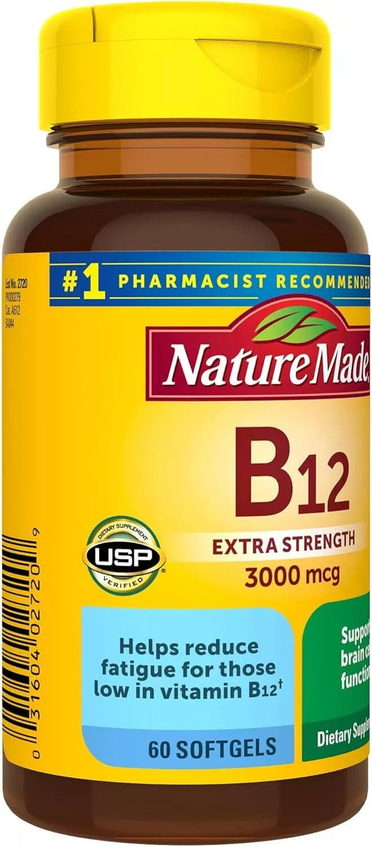 Nature Made B12 Softgels capsule closeup highlighting energy support.