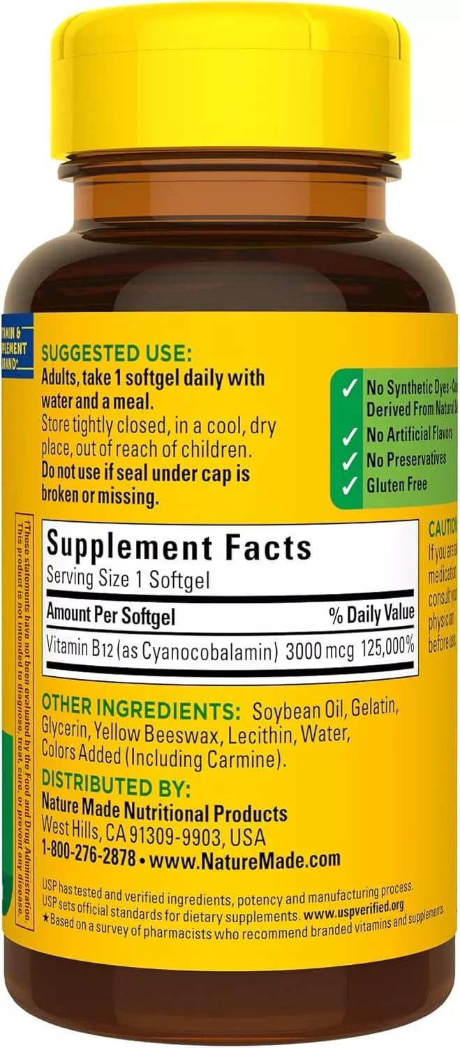 Nature Made B12 Softgels label back showing gluten-free and dye-free.