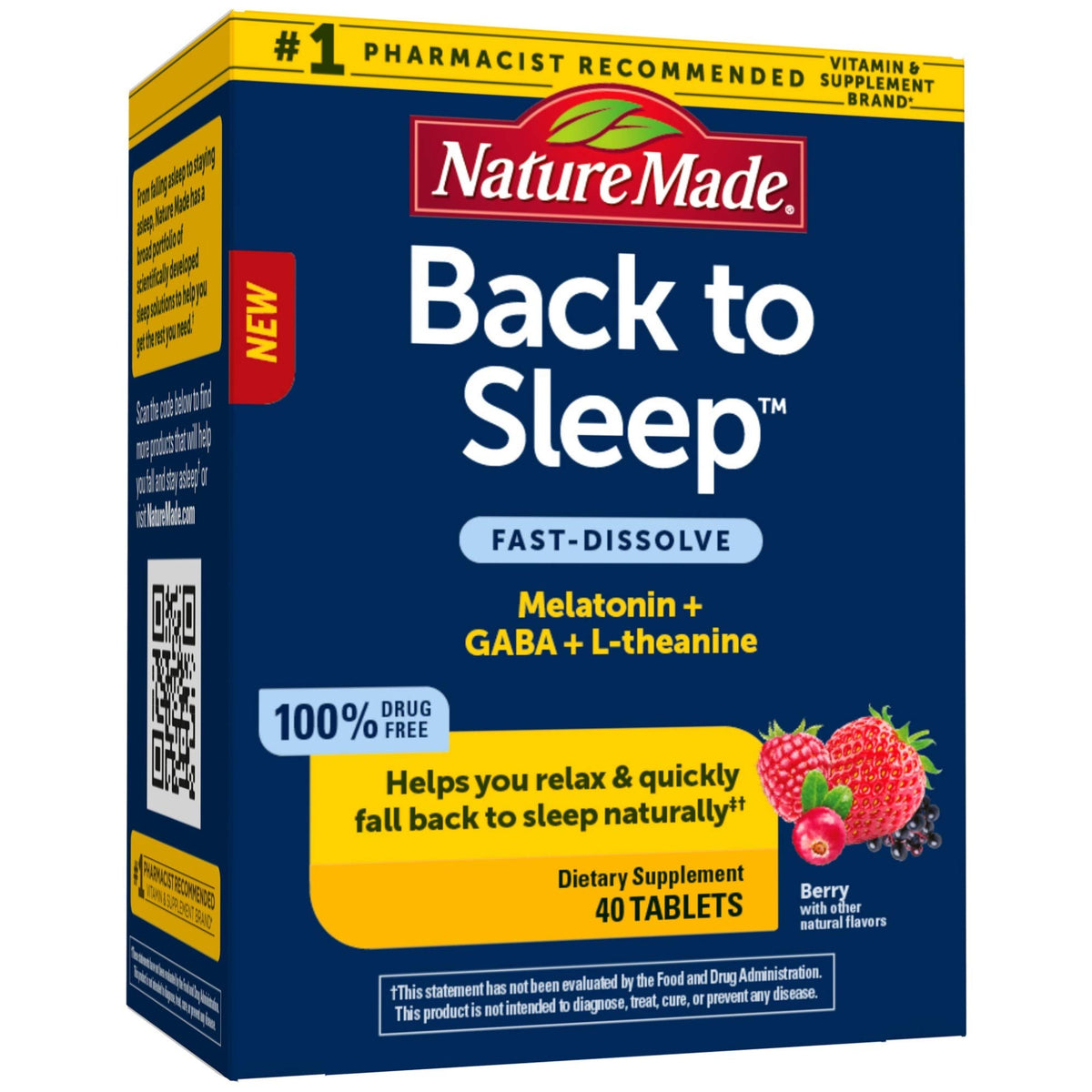 Nature Made Back to Sleep melatonin fast-dissolve berry tablet ready to dissolve without water.