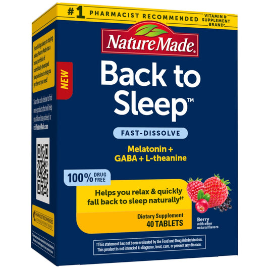 Nature Made Back to Sleep melatonin fast-dissolve berry tablet ready to dissolve without water.