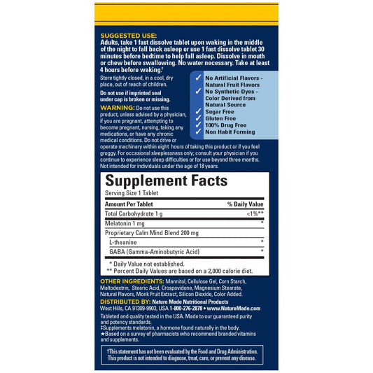 Nature Made Back to Sleep bottle and label show a 40-tablet supply for occasional wakeups.
