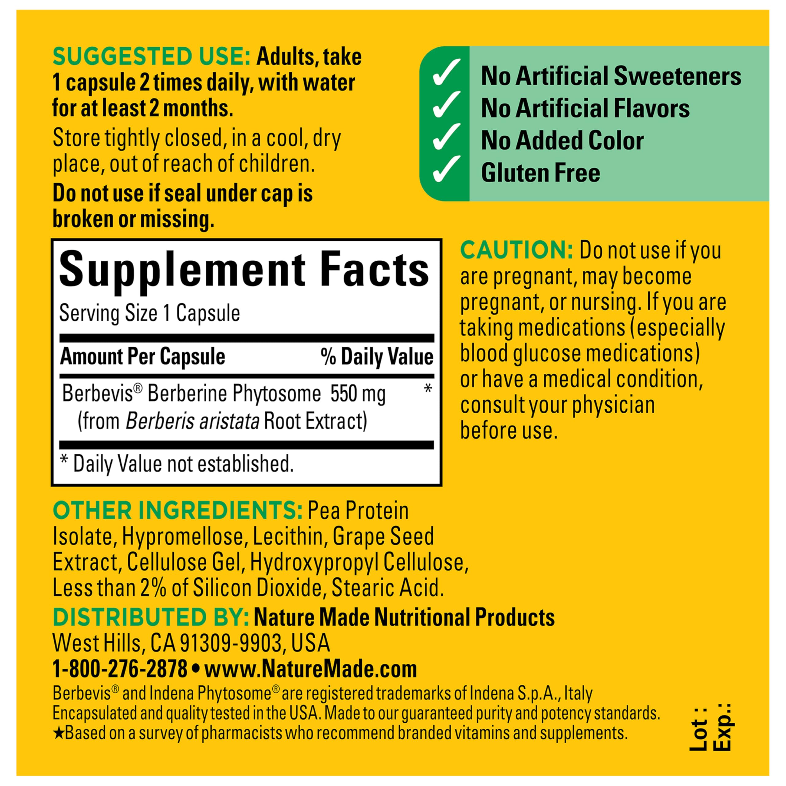 60 count Nature Made Berberine Phytosome label highlights gluten free formula