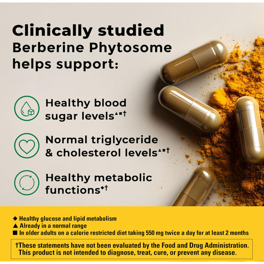 Nature Made Berberine Phytosome capsules close-up showing easy to swallow daily tablets