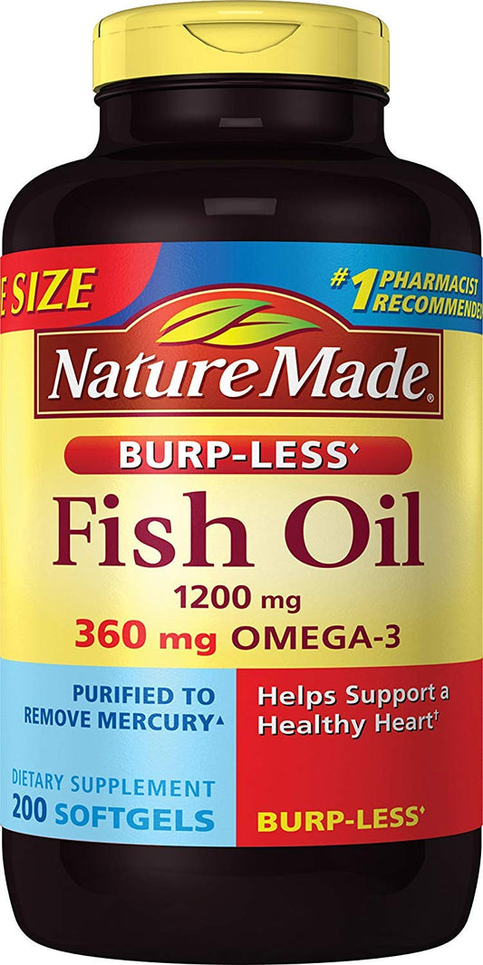 Nature Made Burp-Less Fish Oil 1200 mg bottle shows omega-3 softgels.