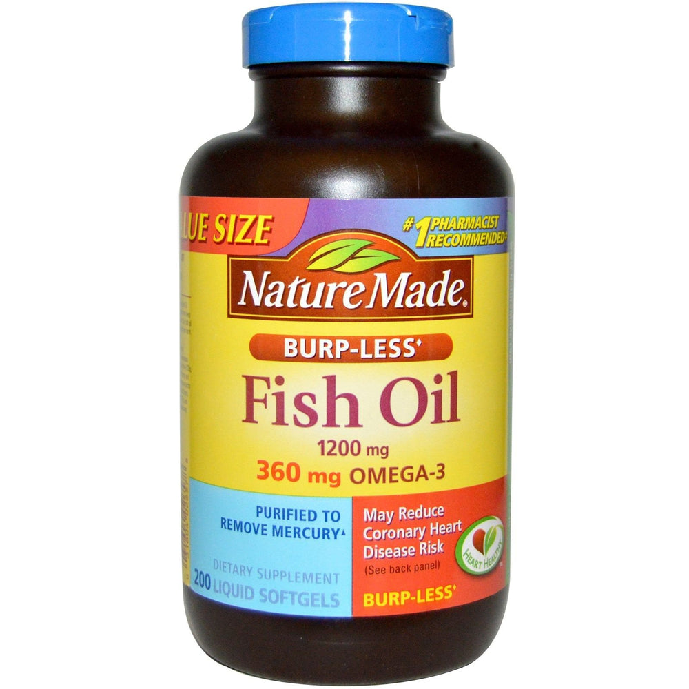 Nature Made Burp-Less Fish Oil bottle with purified omega-3 softgels for daily wellness