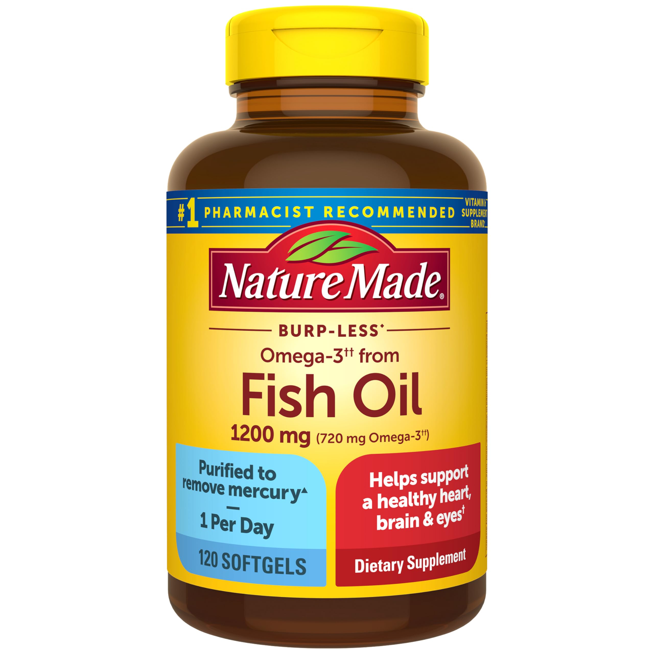 Nature Made Burp Less Omega-3 bottle with 1200 mg formula supports daily heart health.