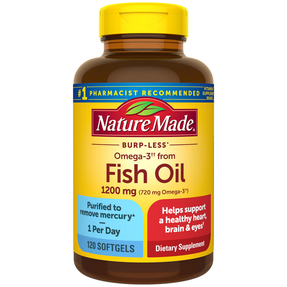 Nature Made Burp Less Omega-3 bottle with 1200 mg formula supports daily heart health.