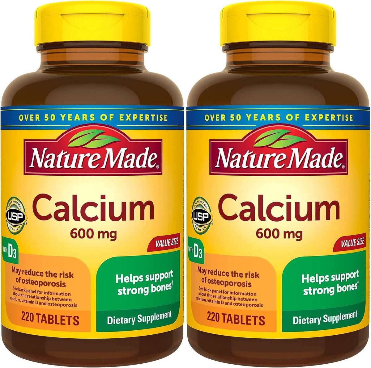Nature Made Calcium 600 mg with Vitamin D3 bottle front showing the product name and dosage for bone support