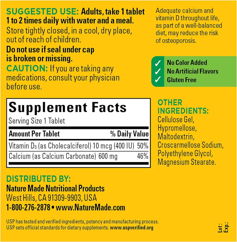 Nature Made Calcium 600 mg with Vitamin D3 box-side display indicating daily regimen