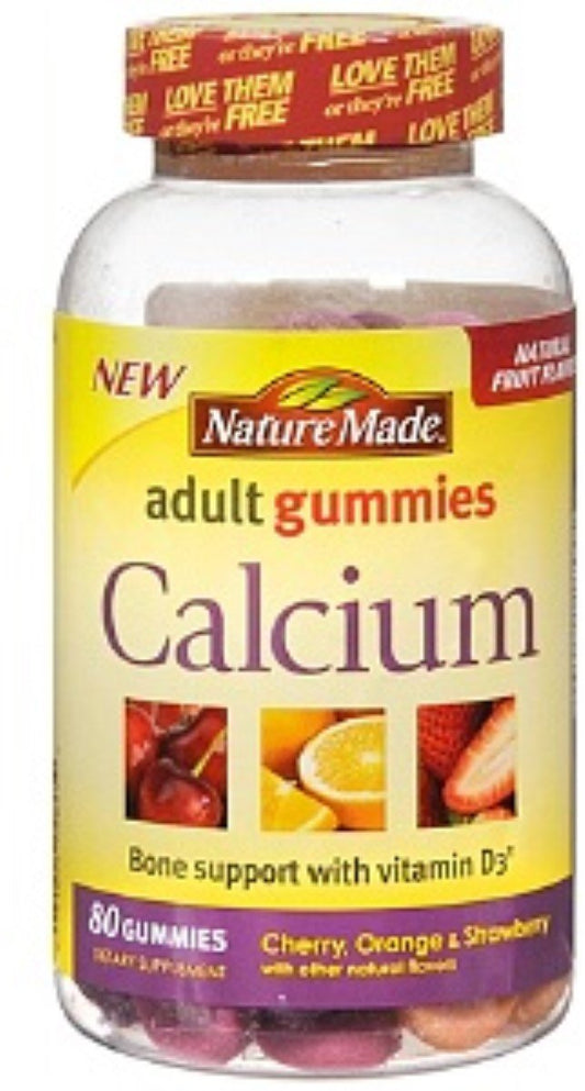 Nature Made Calcium Adult Gummies bottle front with colorful fruit flavors for daily use.