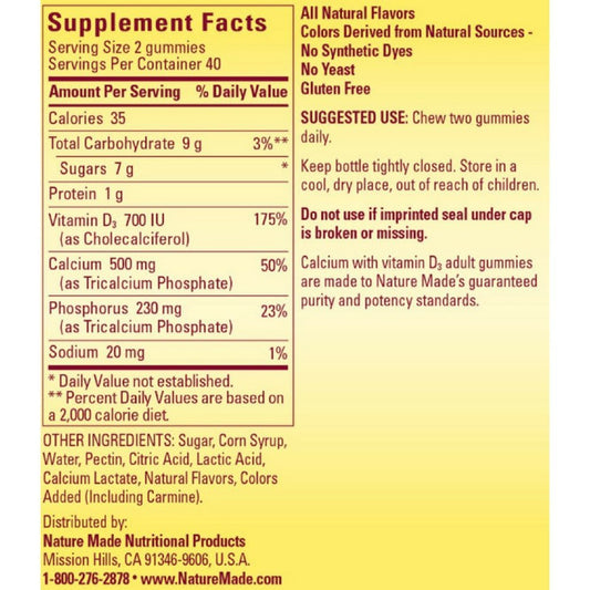 Nature Made Calcium Adult Gummies close-up highlighting gluten-free, adult-focused calcium support.