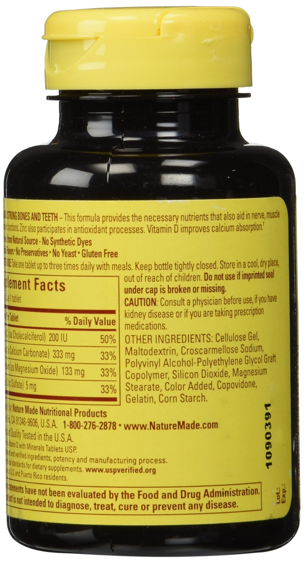 Nature Made Calcium Magnesium Zinc tabs bottle back, shows ingredients for daily nutrient support.