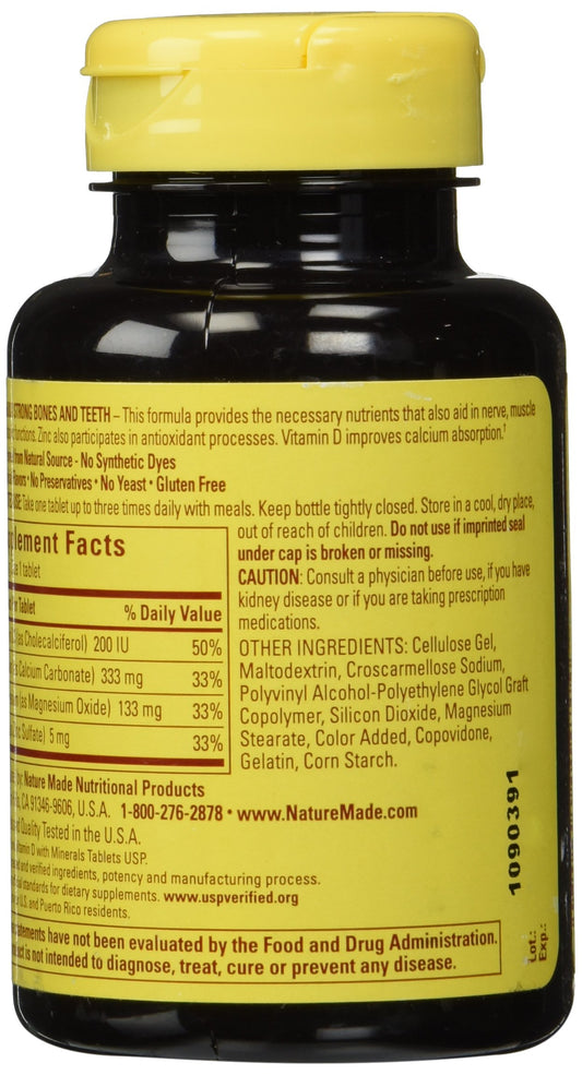 Nature Made Calcium Magnesium Zinc tabs bottle back, shows ingredients for daily nutrient support.
