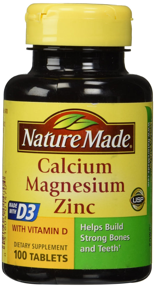Nature Made Calcium Magnesium Zinc tabs bottle front, supports bone health.