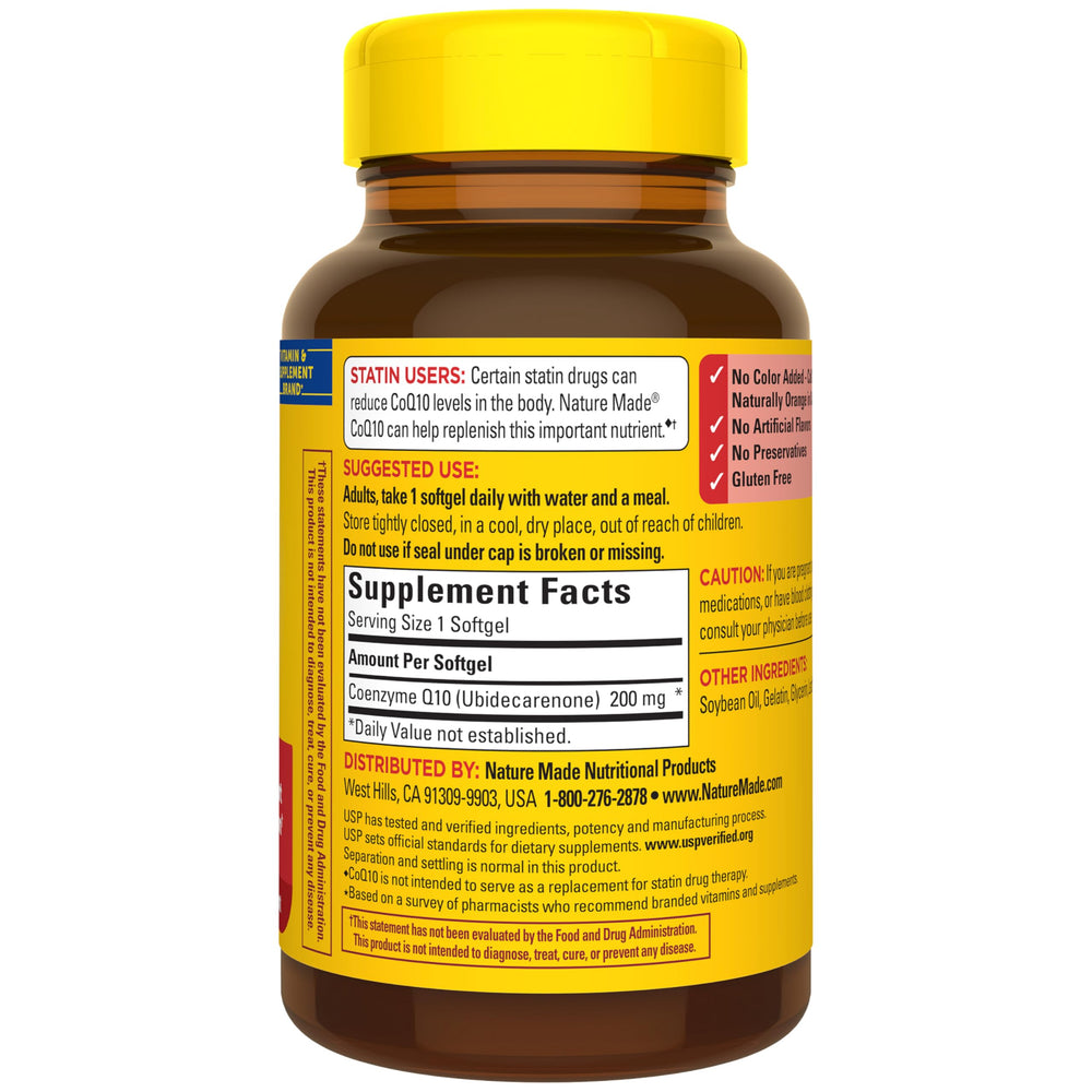 Nature Made CoQ10 200mg softgels bottle on table.