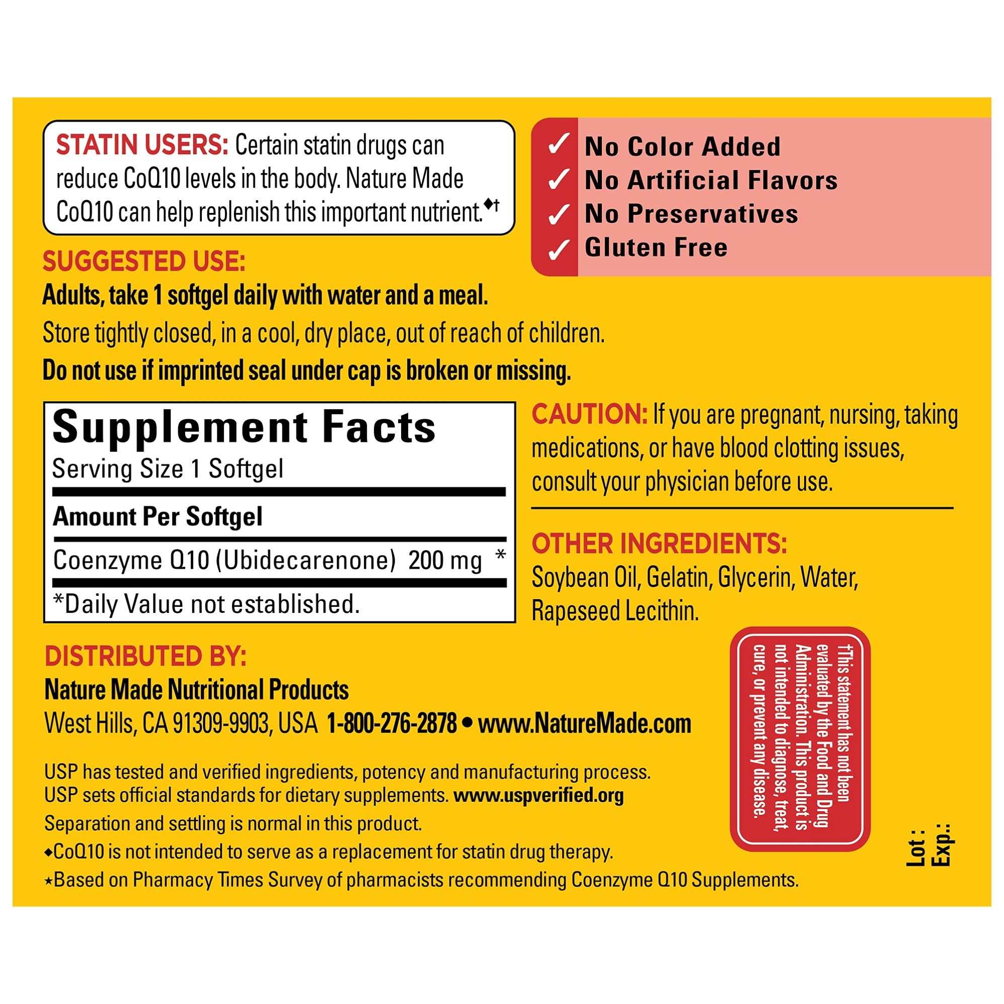 Nature Made CoQ10 200 mg softgels bottle back lists key benefits and directions