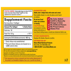 Ingredient panel on Nature Made CoQ10 400 mg softgels packaging