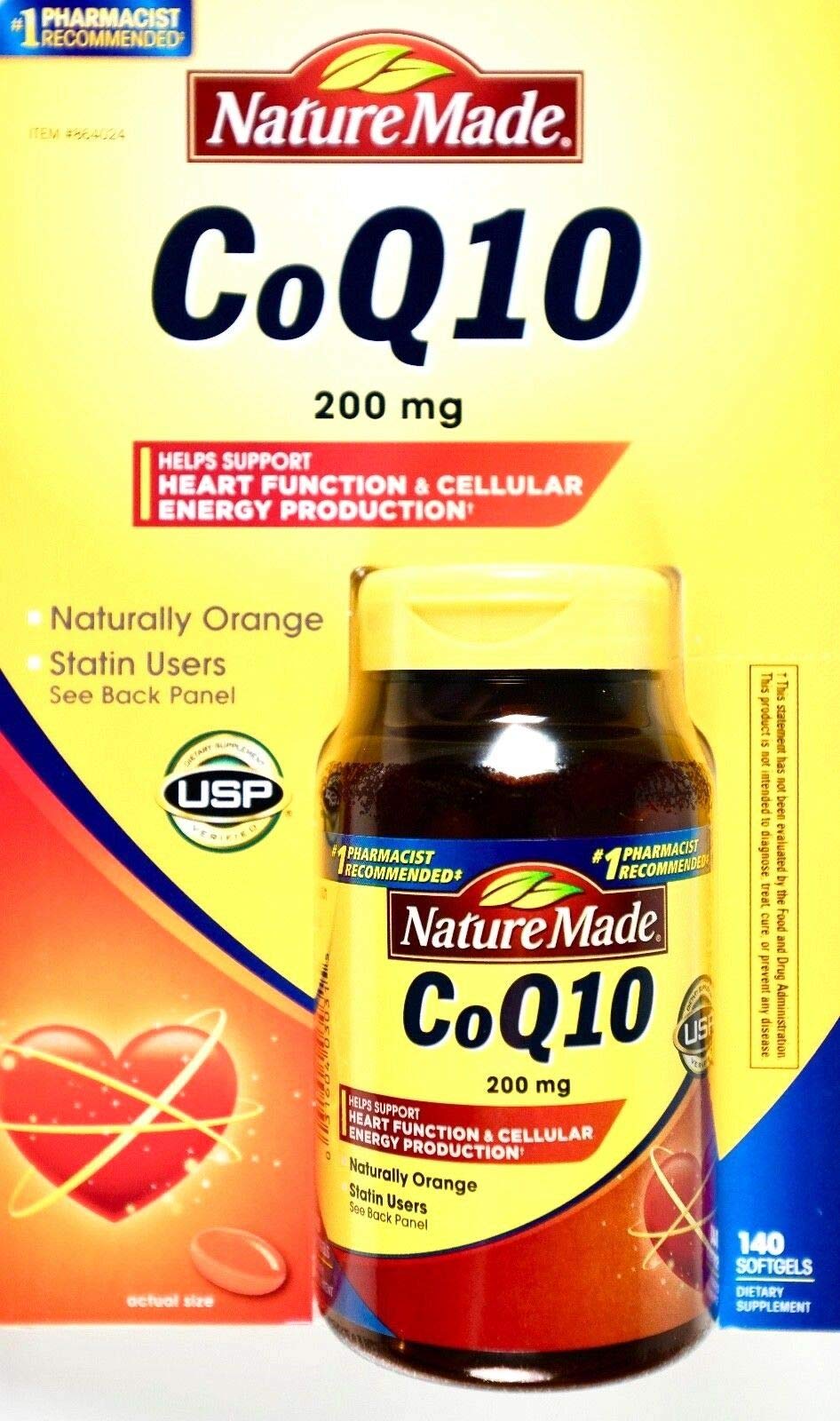 Nature Made CoQ10 orange softgels bottle suggests heart support and cellular energy potential.