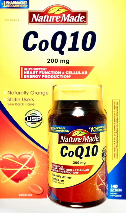 Nature Made CoQ10 orange softgels bottle suggests heart support and cellular energy potential.