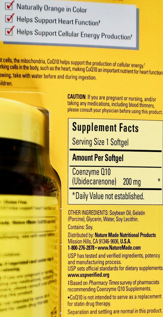 Nature Made CoQ10 softgel closeup emphasizes orange formulation and value-sized bottle for easy daily use.