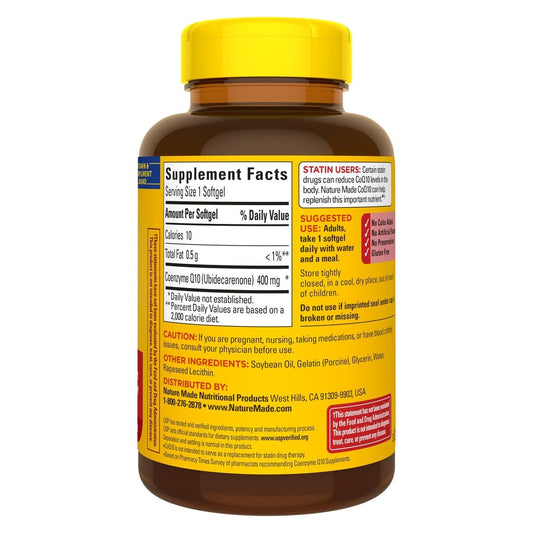 Nature Made CoQ10 softgels bottle back label shows 400 mg per softgel for daily use.