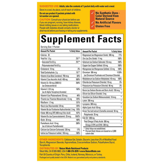 Nature Made Diabetes Health Pack packet closeup highlighting daily servings for tracking