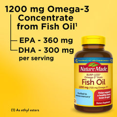 Nature Made EPA DHA omega-3 softgels label highlights purified formula.