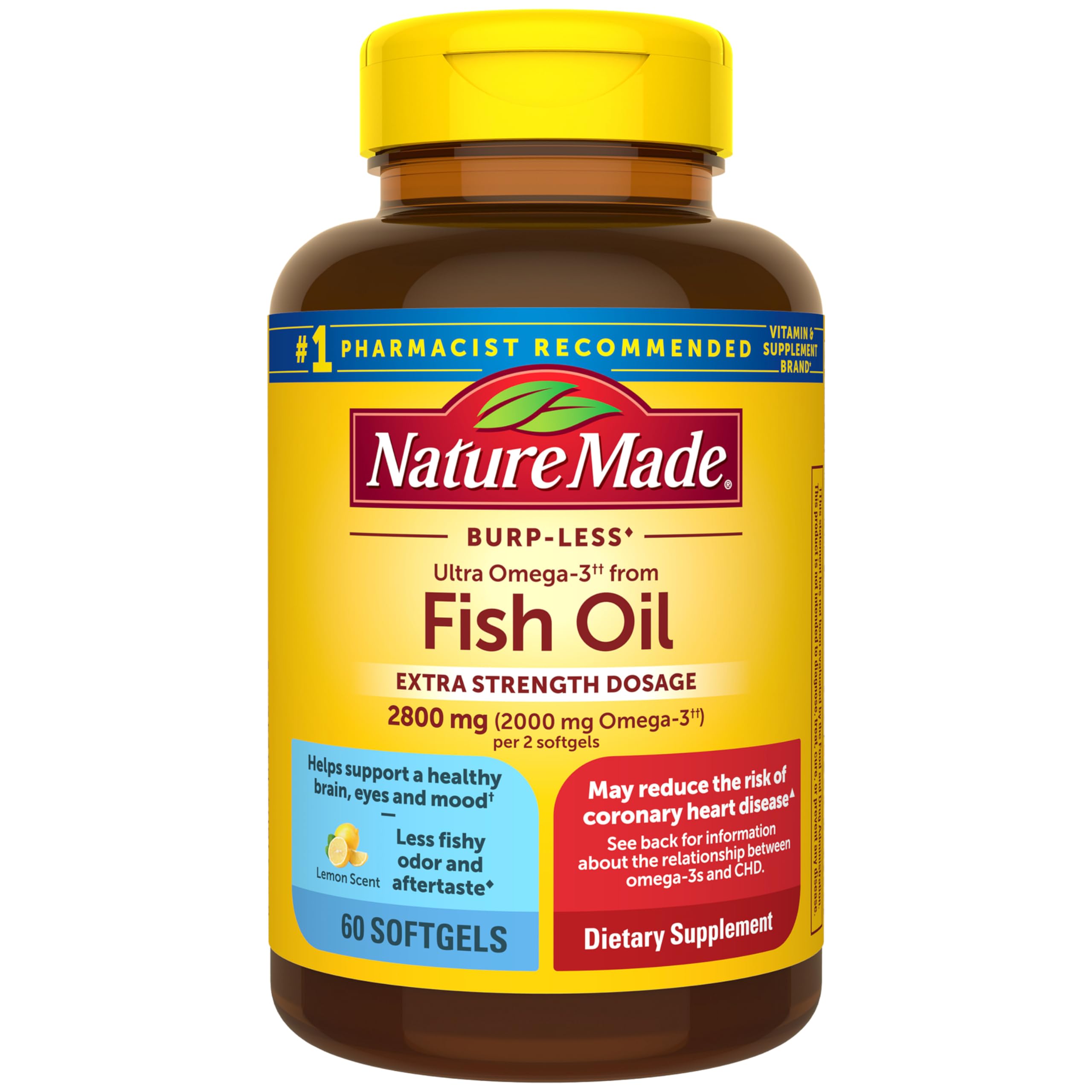 Nature Made Omega-3 extra-strength bottle highlights daily heart, brain, and mood support.