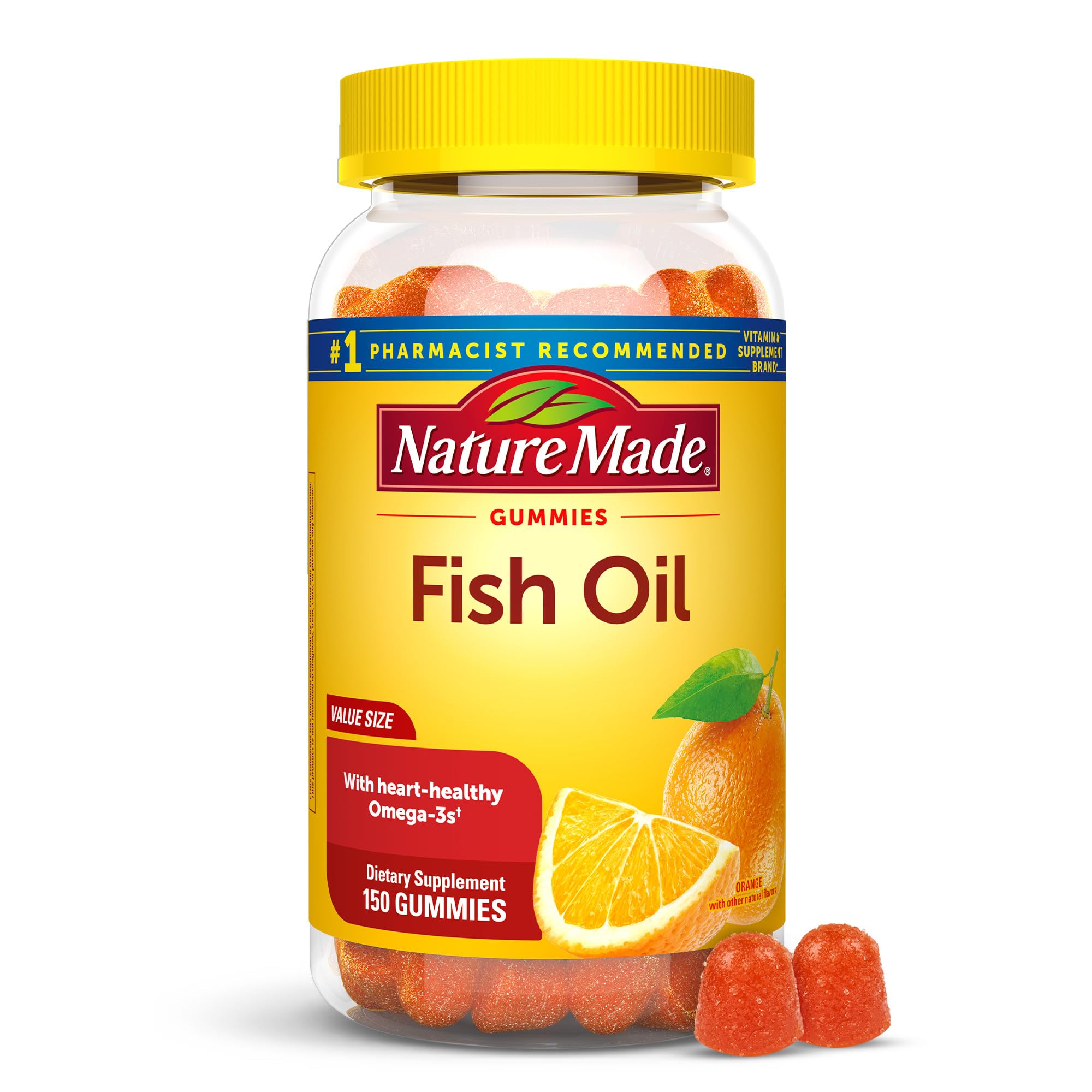Nature Made Fish Oil Gummies bottle front highlights orange flavor for easy daily omega-3 intake.