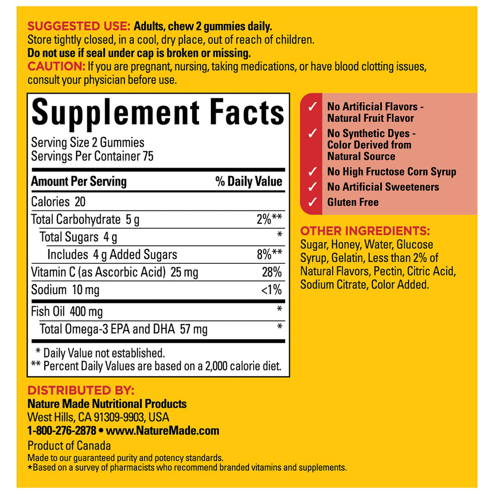 Nature Made Fish Oil Gummies orange-flavor closeup highlights natural taste and easy chewing.
