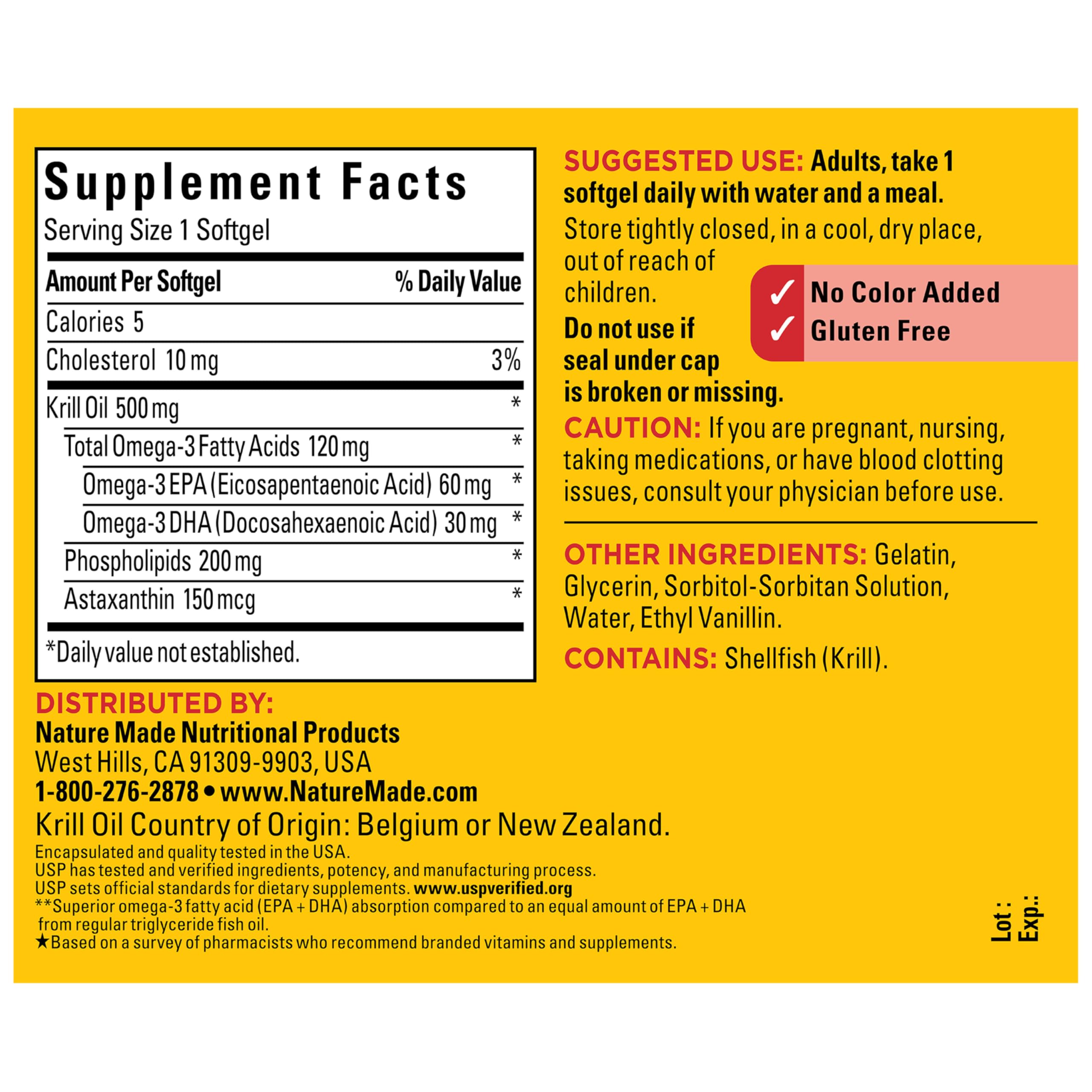 Nature Made gluten-free Krill Oil 500mg softgel for everyday use.