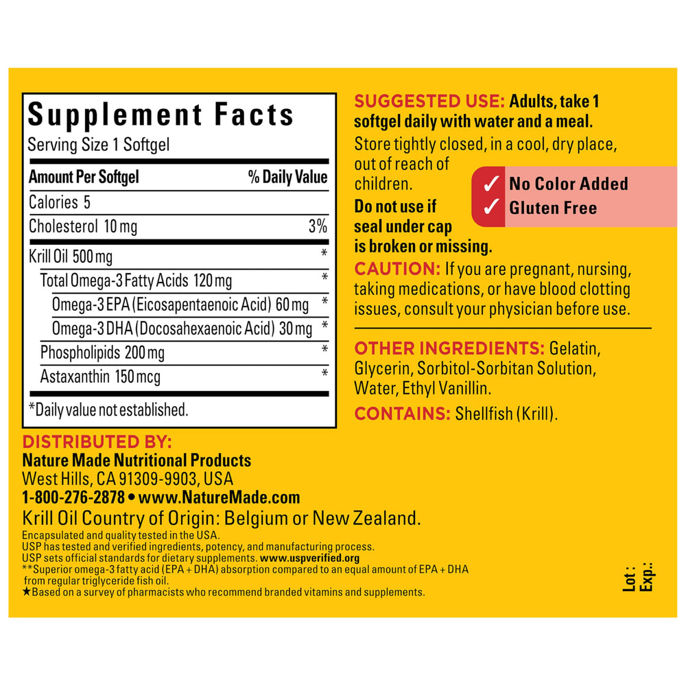 Nature Made gluten-free Krill Oil 500mg softgel for everyday use.