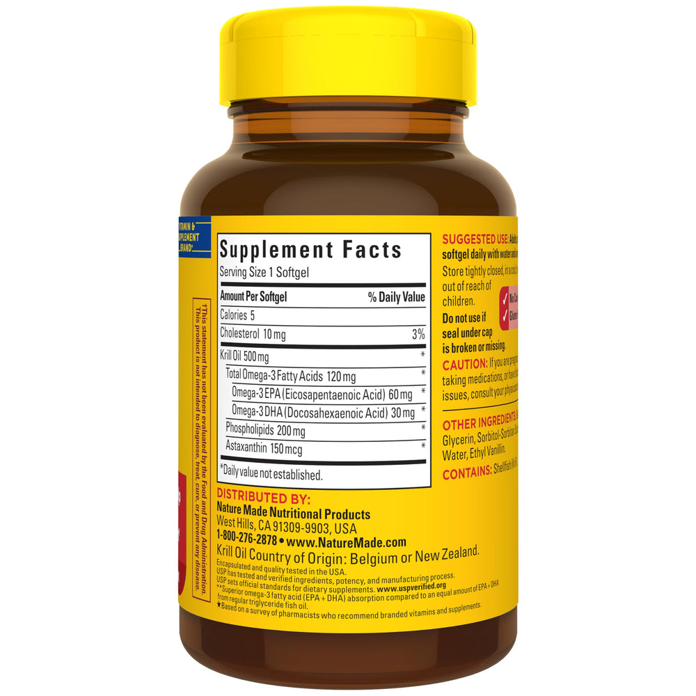 Nature Made Heart Health Krill Oil 500mg bottle for daily omega-3 balance.