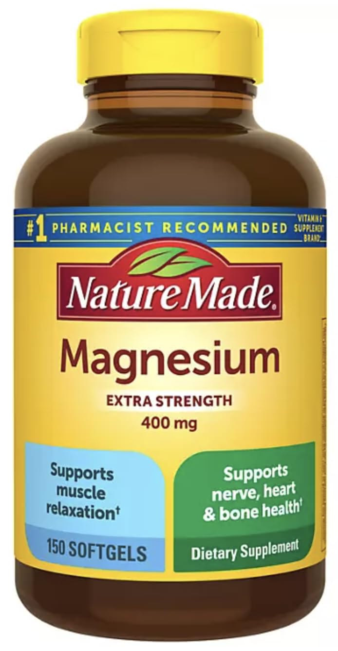 Nature Made High Potency Magnesium 400 mg softgels bottle pour for easy daily intake