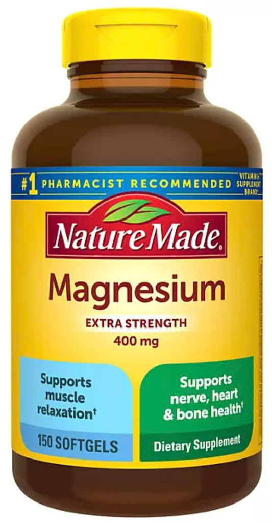 Nature Made High Potency Magnesium 400 mg softgels bottle pour for easy daily intake