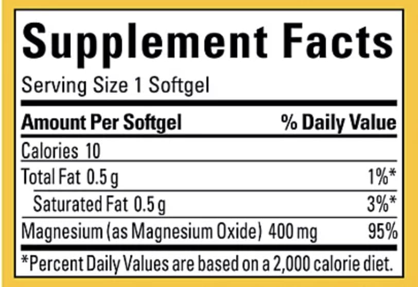 Nature Made Magnesium 400 mg softgels close-up showing nerve and muscle support
