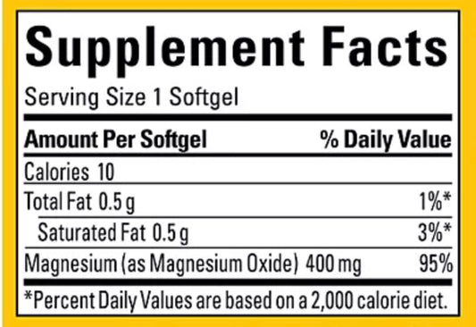 Nature Made Magnesium 400 mg softgels close-up showing nerve and muscle support