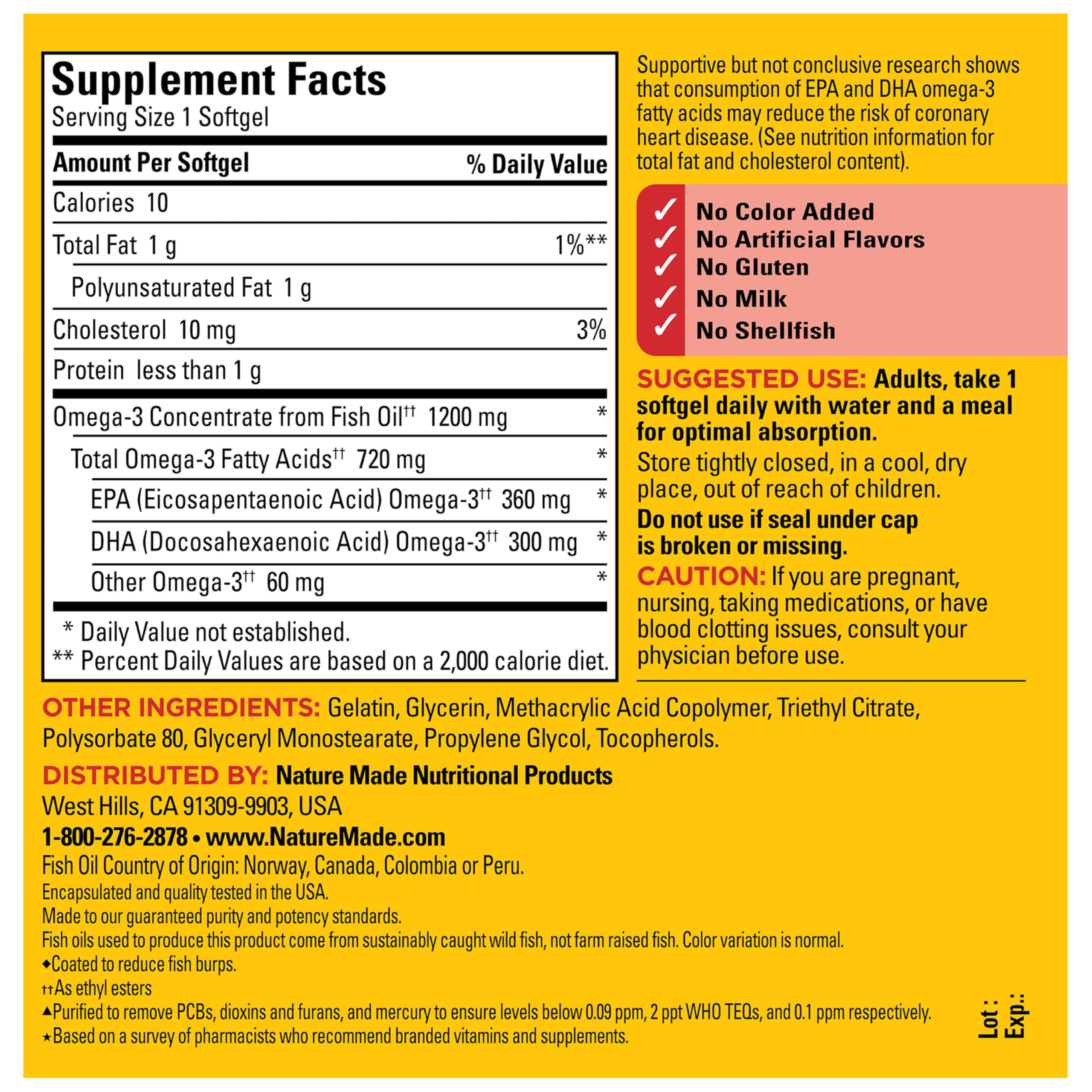 Nature Made label detail omega-3 showing EPA and DHA per softgel.