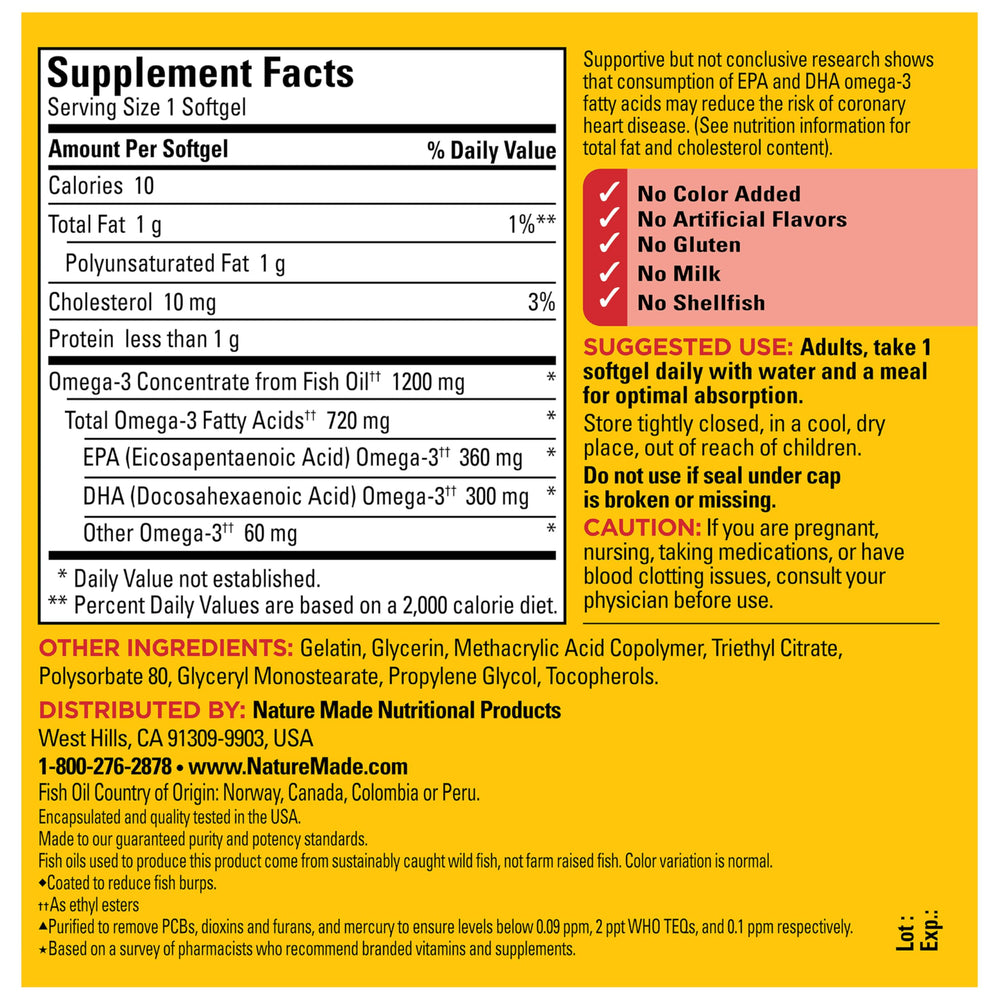 Nature Made label detail omega-3 showing EPA and DHA per softgel.