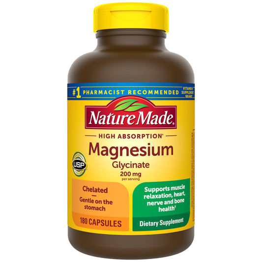 Nature Made Magnesium Glycinate 200 mg bottle—high absorption for daily wellness.